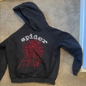 Gildan Black Kids Hoodie with Red Rhinestone Spiderweb
